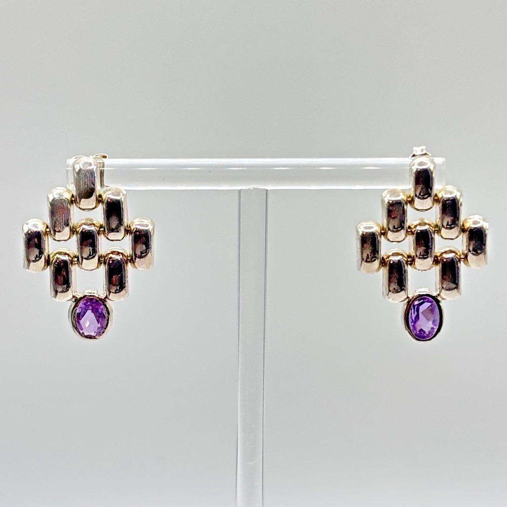 Vintage Amethyst Sterling Silver Waterfall Modern Dangle Chandelier Earrings